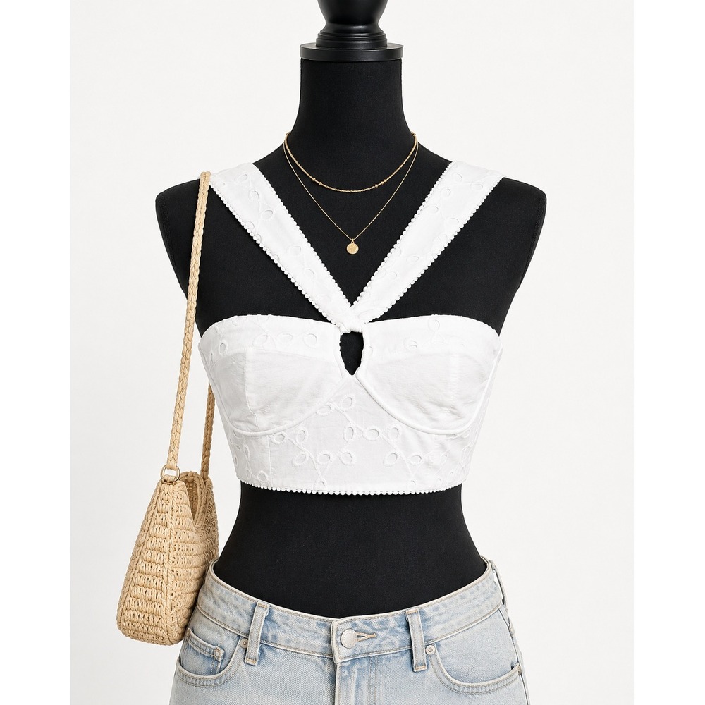 Zara White Eyelet Bustier Crop Top Smocked Back Size Small